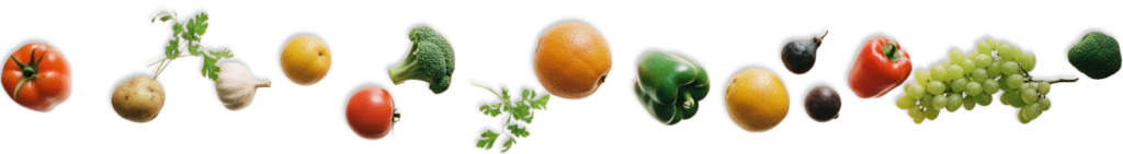 Langes, vertikal angeordnetes Bild mit schwebenden Obst- und Gemüsestücken, darunter Brokkoli, Weintrauben, Paprika, Birne, Orange, grüner Paprika, Tomate, Zitrone, Knoblauch, Kartoffel und Kräuter, jeweils einzeln übereinander schwebend auf transparentem Hintergrund